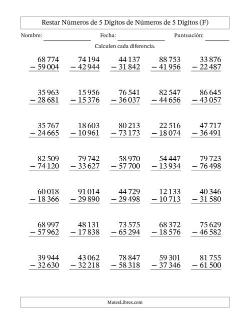 La hoja de ejercicios de Restar números de 5 dígitos de números de 5 dígitos, con acarreo en algunas preguntas (35 preguntas) (Espacio como separador de millares) (F)