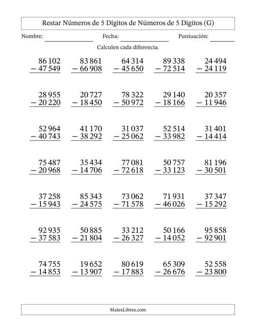 La hoja de ejercicios de Restar números de 5 dígitos de números de 5 dígitos, con acarreo en algunas preguntas (35 preguntas) (Espacio como separador de millares) (G)