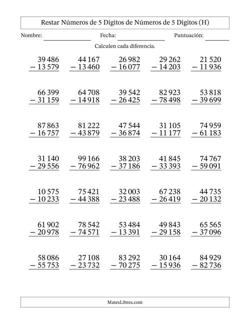 La hoja de ejercicios de Restar números de 5 dígitos de números de 5 dígitos, con acarreo en algunas preguntas (35 preguntas) (Espacio como separador de millares) (H)