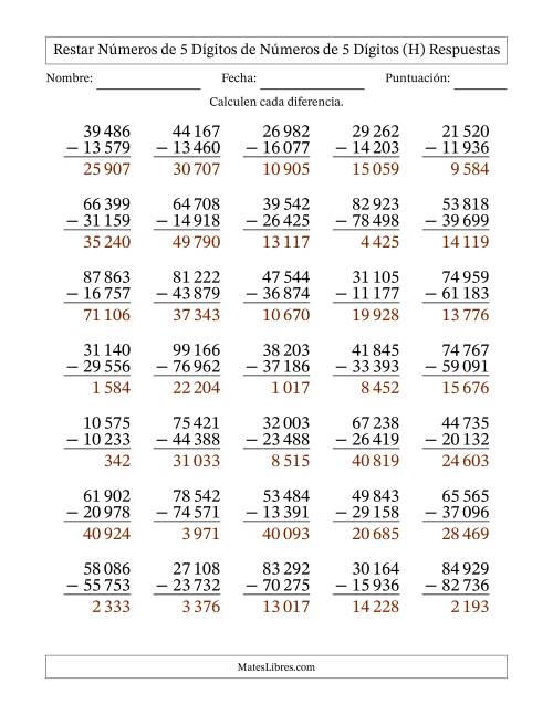 La hoja de ejercicios de Restar números de 5 dígitos de números de 5 dígitos, con acarreo en algunas preguntas (35 preguntas) (Espacio como separador de millares) (H) Página 2