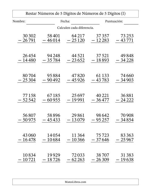 La hoja de ejercicios de Restar números de 5 dígitos de números de 5 dígitos, con acarreo en algunas preguntas (35 preguntas) (Espacio como separador de millares) (I)