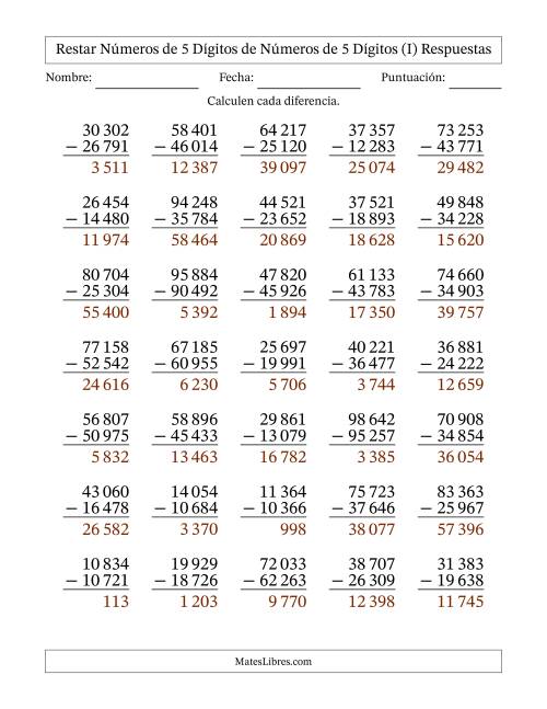 La hoja de ejercicios de Restar números de 5 dígitos de números de 5 dígitos, con acarreo en algunas preguntas (35 preguntas) (Espacio como separador de millares) (I) Página 2
