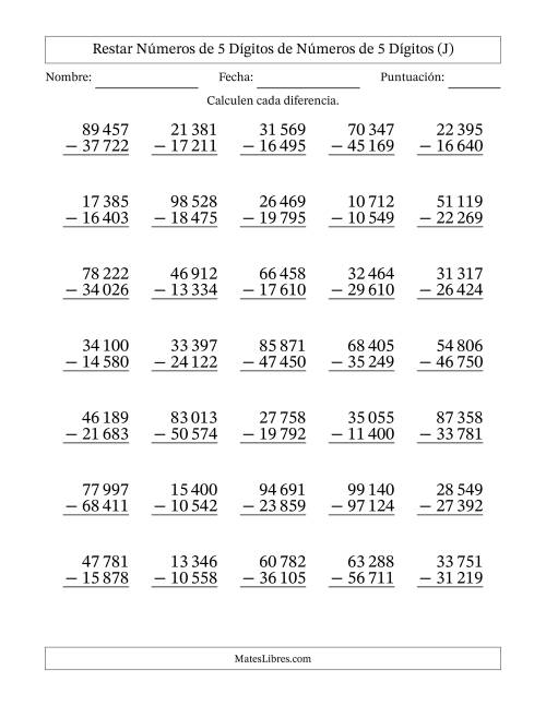 La hoja de ejercicios de Restar números de 5 dígitos de números de 5 dígitos, con acarreo en algunas preguntas (35 preguntas) (Espacio como separador de millares) (J)