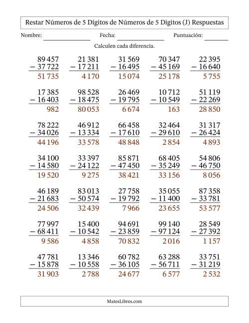 La hoja de ejercicios de Restar números de 5 dígitos de números de 5 dígitos, con acarreo en algunas preguntas (35 preguntas) (Espacio como separador de millares) (J) Página 2