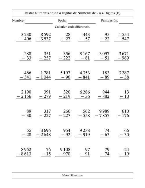 La hoja de ejercicios de Restar números de 2 a 4 dígitos de números de 2 a 4 dígitos, con acarreo en algunas preguntas (42 preguntas) (Espacio como separador de millares) (B)