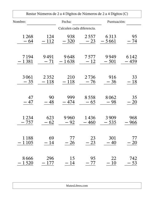 La hoja de ejercicios de Restar números de 2 a 4 dígitos de números de 2 a 4 dígitos, con acarreo en algunas preguntas (42 preguntas) (Espacio como separador de millares) (C)