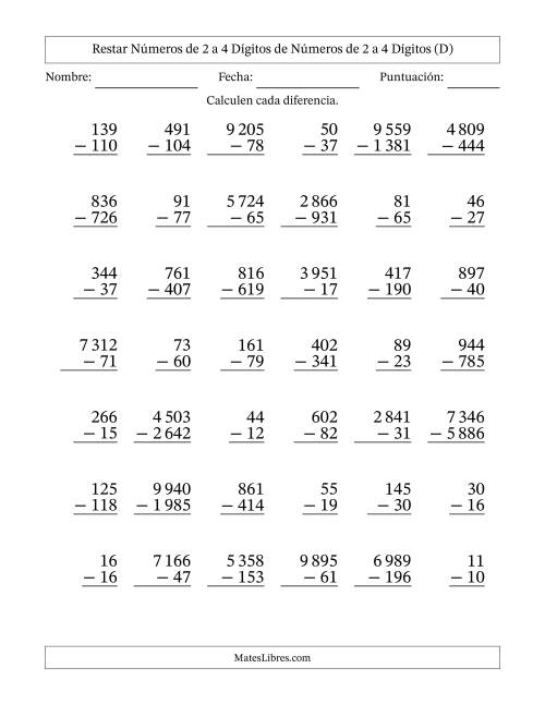 La hoja de ejercicios de Restar números de 2 a 4 dígitos de números de 2 a 4 dígitos, con acarreo en algunas preguntas (42 preguntas) (Espacio como separador de millares) (D)