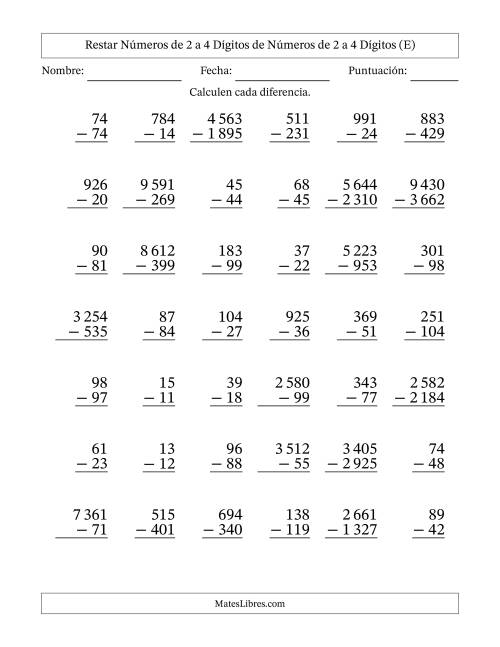 La hoja de ejercicios de Restar números de 2 a 4 dígitos de números de 2 a 4 dígitos, con acarreo en algunas preguntas (42 preguntas) (Espacio como separador de millares) (E)
