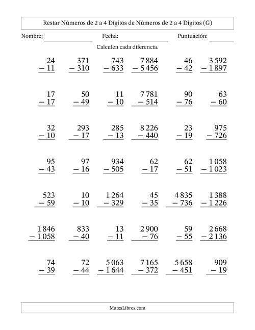 La hoja de ejercicios de Restar números de 2 a 4 dígitos de números de 2 a 4 dígitos, con acarreo en algunas preguntas (42 preguntas) (Espacio como separador de millares) (G)