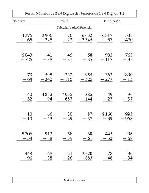 La hoja de ejercicios de Restar números de 2 a 4 dígitos de números de 2 a 4 dígitos, con acarreo en algunas preguntas (42 preguntas) (Espacio como separador de millares) (H)
