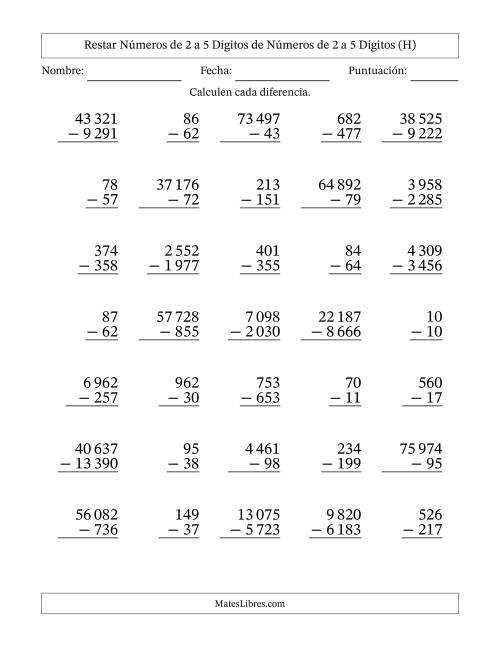 La hoja de ejercicios de Restar números de 2 a 5 dígitos de números de 2 a 5 dígitos, con acarreo en algunas preguntas (35 preguntas) (Espacio como separador de millares) (H)