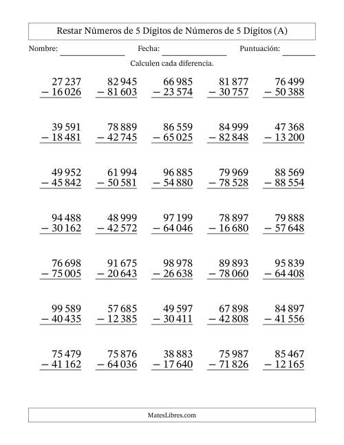 La hoja de ejercicios de Restar números de 5 dígitos de números de 5 dígitos, sin acarreo (35 preguntas) (Espacio como separador de millares) (A)