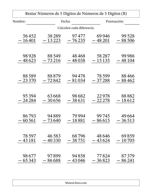 La hoja de ejercicios de Restar números de 5 dígitos de números de 5 dígitos, sin acarreo (35 preguntas) (Espacio como separador de millares) (B)