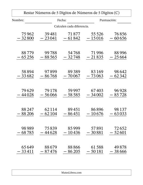 La hoja de ejercicios de Restar números de 5 dígitos de números de 5 dígitos, sin acarreo (35 preguntas) (Espacio como separador de millares) (C)