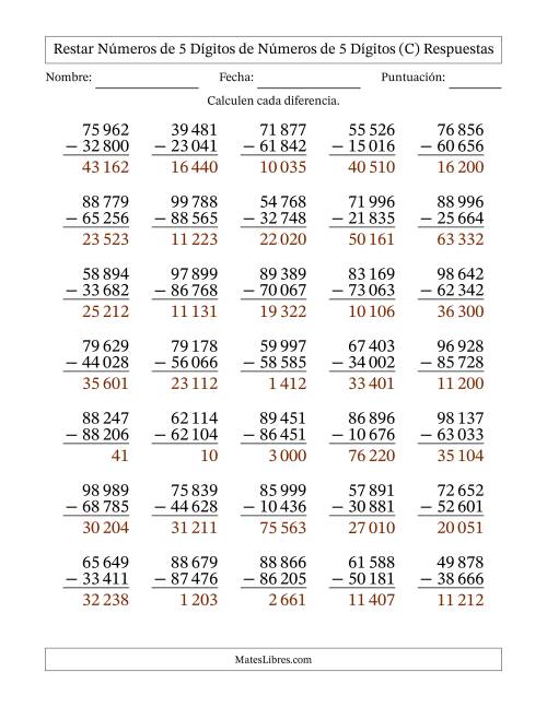 La hoja de ejercicios de Restar números de 5 dígitos de números de 5 dígitos, sin acarreo (35 preguntas) (Espacio como separador de millares) (C) Página 2