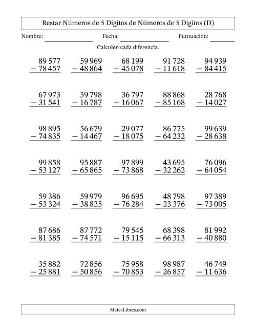 La hoja de ejercicios de Restar números de 5 dígitos de números de 5 dígitos, sin acarreo (35 preguntas) (Espacio como separador de millares) (D)