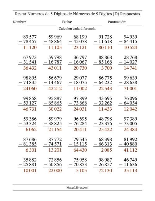 La hoja de ejercicios de Restar números de 5 dígitos de números de 5 dígitos, sin acarreo (35 preguntas) (Espacio como separador de millares) (D) Página 2