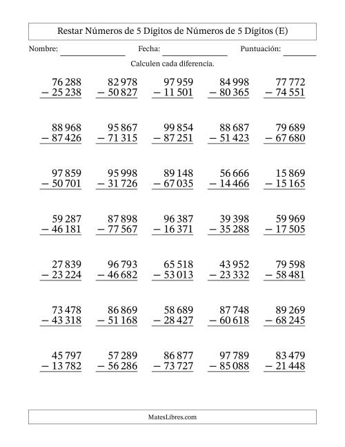 La hoja de ejercicios de Restar números de 5 dígitos de números de 5 dígitos, sin acarreo (35 preguntas) (Espacio como separador de millares) (E)