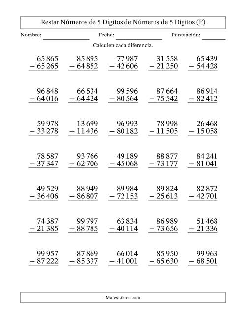 La hoja de ejercicios de Restar números de 5 dígitos de números de 5 dígitos, sin acarreo (35 preguntas) (Espacio como separador de millares) (F)