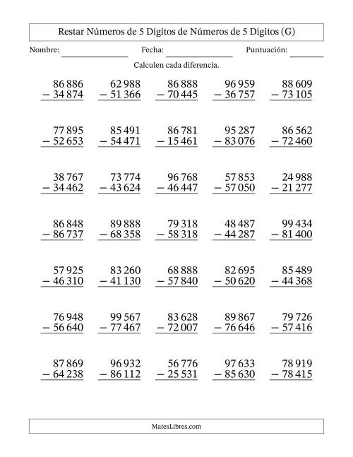 La hoja de ejercicios de Restar números de 5 dígitos de números de 5 dígitos, sin acarreo (35 preguntas) (Espacio como separador de millares) (G)