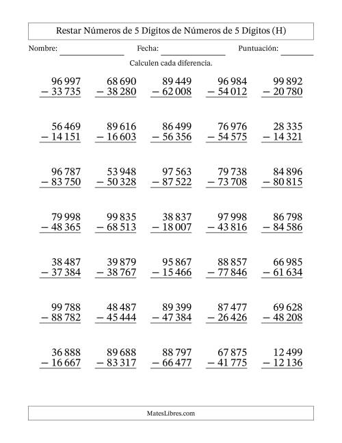 La hoja de ejercicios de Restar números de 5 dígitos de números de 5 dígitos, sin acarreo (35 preguntas) (Espacio como separador de millares) (H)