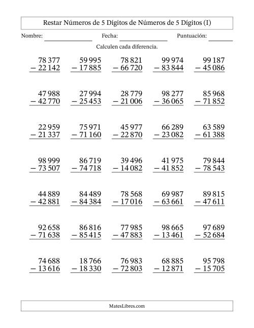 La hoja de ejercicios de Restar números de 5 dígitos de números de 5 dígitos, sin acarreo (35 preguntas) (Espacio como separador de millares) (I)