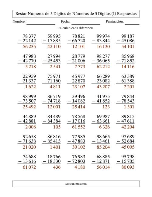 La hoja de ejercicios de Restar números de 5 dígitos de números de 5 dígitos, sin acarreo (35 preguntas) (Espacio como separador de millares) (I) Página 2