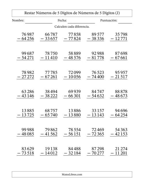 La hoja de ejercicios de Restar números de 5 dígitos de números de 5 dígitos, sin acarreo (35 preguntas) (Espacio como separador de millares) (J)