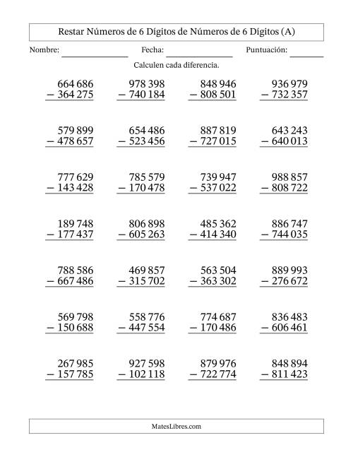 La hoja de ejercicios de Restar números de 6 dígitos de números de 6 dígitos, sin acarreo (28 preguntas) (Espacio como separador de millares) (A)
