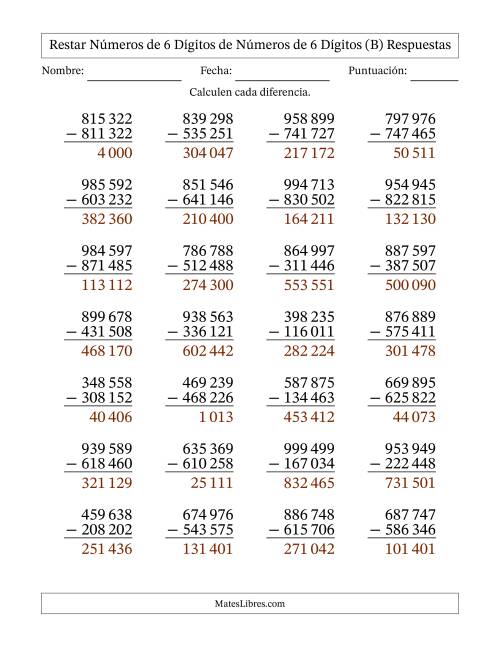 La hoja de ejercicios de Restar números de 6 dígitos de números de 6 dígitos, sin acarreo (28 preguntas) (Espacio como separador de millares) (B) Página 2