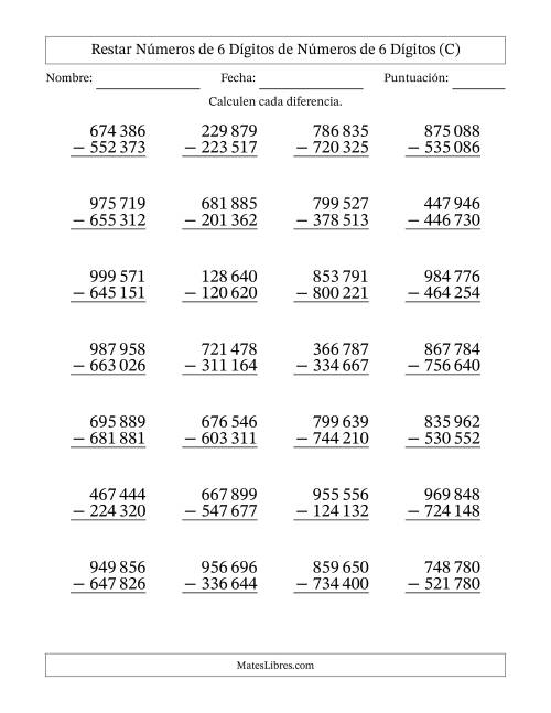 La hoja de ejercicios de Restar números de 6 dígitos de números de 6 dígitos, sin acarreo (28 preguntas) (Espacio como separador de millares) (C)