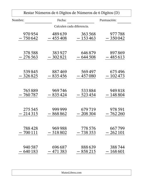 La hoja de ejercicios de Restar números de 6 dígitos de números de 6 dígitos, sin acarreo (28 preguntas) (Espacio como separador de millares) (D)