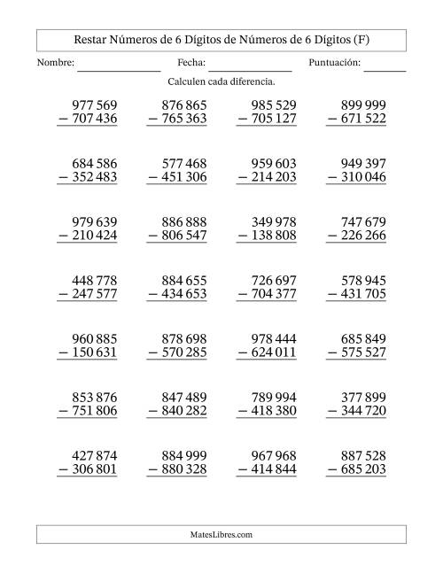 La hoja de ejercicios de Restar números de 6 dígitos de números de 6 dígitos, sin acarreo (28 preguntas) (Espacio como separador de millares) (F)