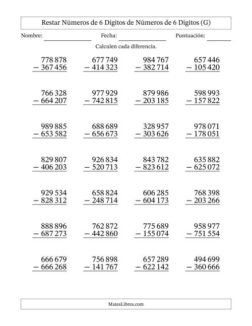 La hoja de ejercicios de Restar números de 6 dígitos de números de 6 dígitos, sin acarreo (28 preguntas) (Espacio como separador de millares) (G)