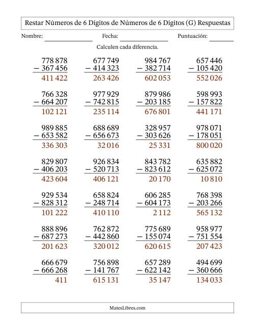La hoja de ejercicios de Restar números de 6 dígitos de números de 6 dígitos, sin acarreo (28 preguntas) (Espacio como separador de millares) (G) Página 2