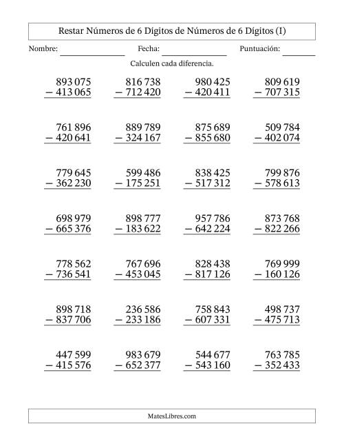 La hoja de ejercicios de Restar números de 6 dígitos de números de 6 dígitos, sin acarreo (28 preguntas) (Espacio como separador de millares) (I)