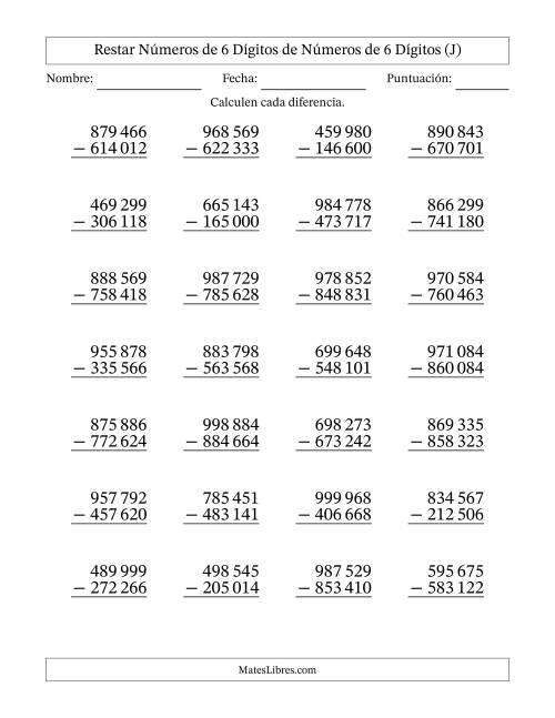 La hoja de ejercicios de Restar números de 6 dígitos de números de 6 dígitos, sin acarreo (28 preguntas) (Espacio como separador de millares) (J)