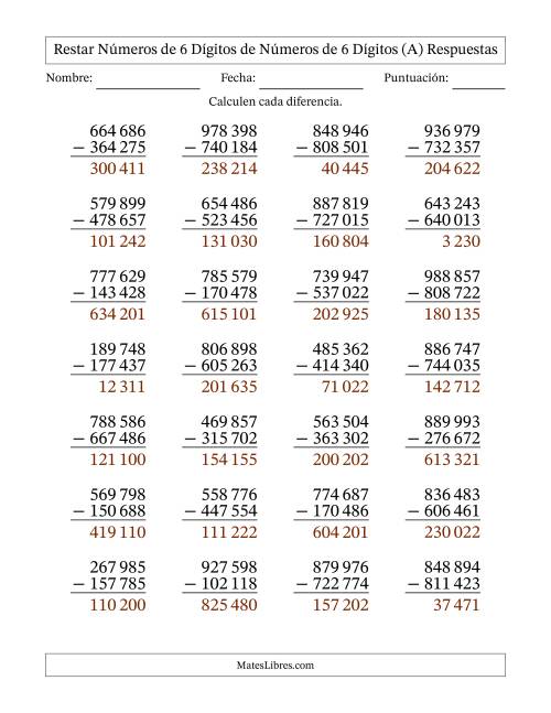 La hoja de ejercicios de Restar números de 6 dígitos de números de 6 dígitos, sin acarreo (28 preguntas) (Espacio como separador de millares) (Todas) Página 2