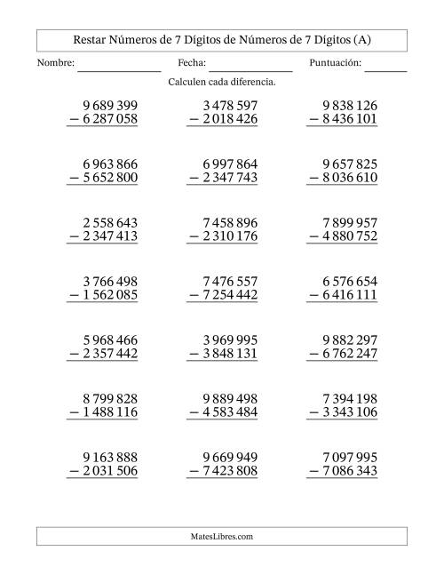 La hoja de ejercicios de Restar números de 7 dígitos de números de 7 dígitos, sin acarreo (21 preguntas) (Espacio como separador de millares) (A)