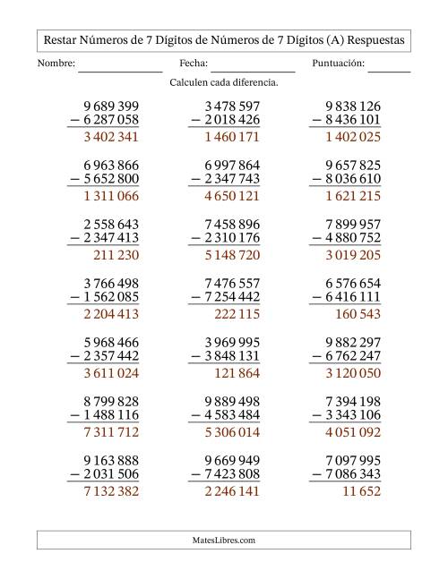 La hoja de ejercicios de Restar números de 7 dígitos de números de 7 dígitos, sin acarreo (21 preguntas) (Espacio como separador de millares) (A) Página 2