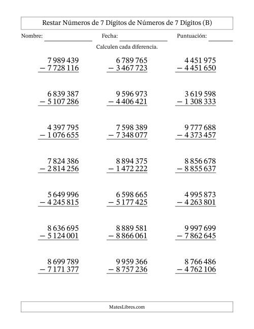 La hoja de ejercicios de Restar números de 7 dígitos de números de 7 dígitos, sin acarreo (21 preguntas) (Espacio como separador de millares) (B)