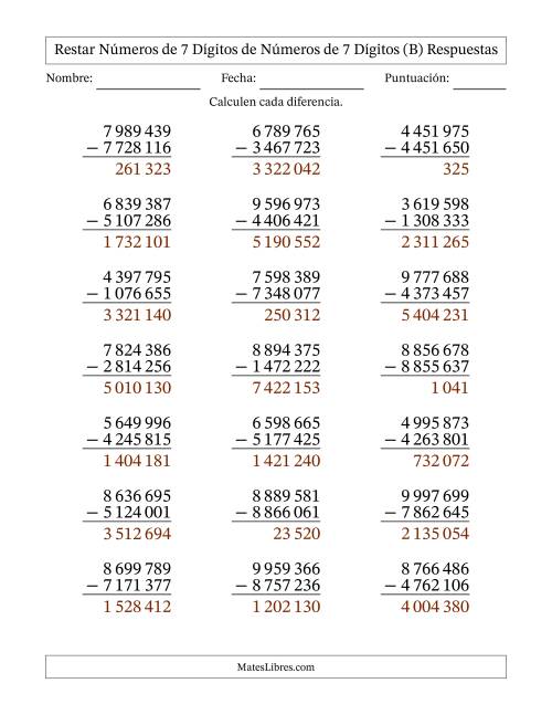 La hoja de ejercicios de Restar números de 7 dígitos de números de 7 dígitos, sin acarreo (21 preguntas) (Espacio como separador de millares) (B) Página 2