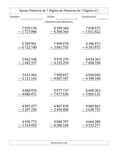 La hoja de ejercicios de Restar números de 7 dígitos de números de 7 dígitos, sin acarreo (21 preguntas) (Espacio como separador de millares) (C)