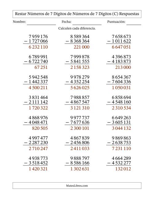 La hoja de ejercicios de Restar números de 7 dígitos de números de 7 dígitos, sin acarreo (21 preguntas) (Espacio como separador de millares) (C) Página 2
