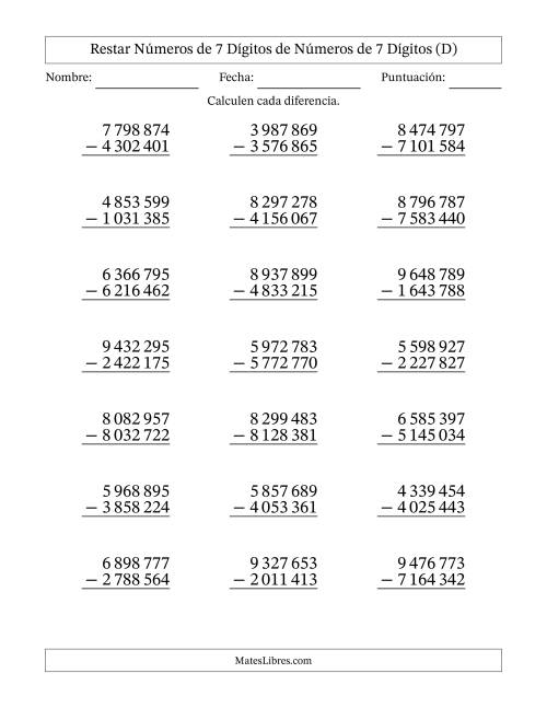 La hoja de ejercicios de Restar números de 7 dígitos de números de 7 dígitos, sin acarreo (21 preguntas) (Espacio como separador de millares) (D)
