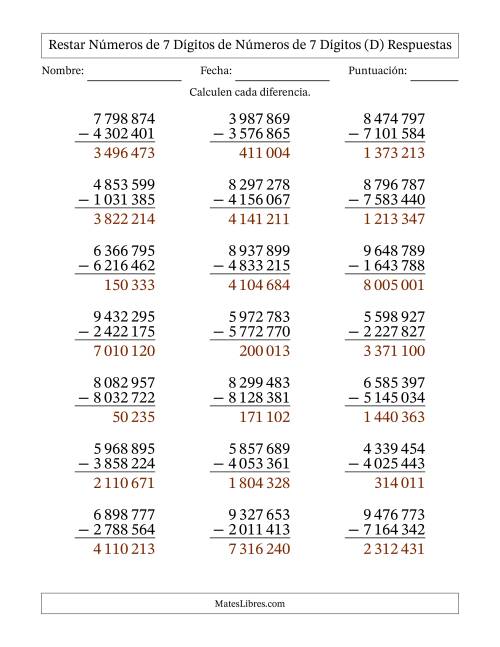 La hoja de ejercicios de Restar números de 7 dígitos de números de 7 dígitos, sin acarreo (21 preguntas) (Espacio como separador de millares) (D) Página 2