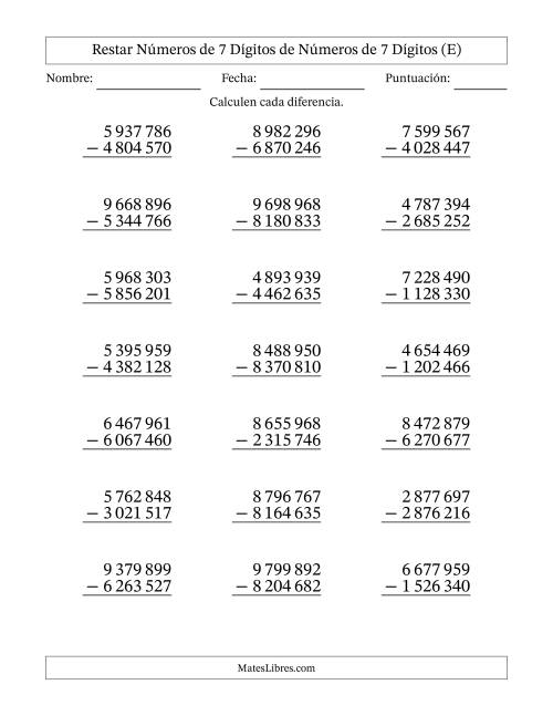 La hoja de ejercicios de Restar números de 7 dígitos de números de 7 dígitos, sin acarreo (21 preguntas) (Espacio como separador de millares) (E)