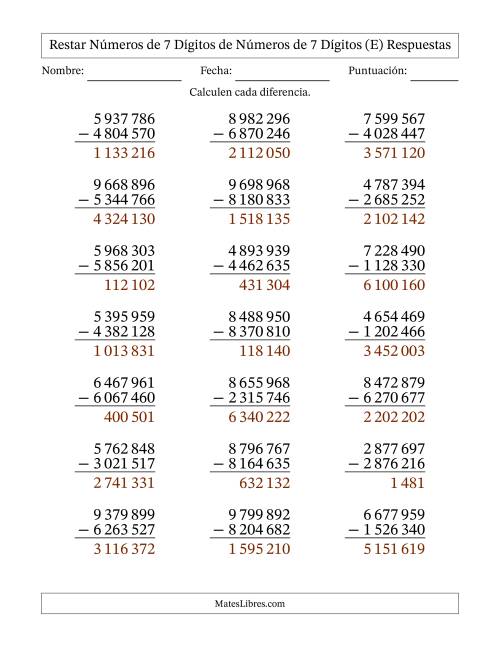 La hoja de ejercicios de Restar números de 7 dígitos de números de 7 dígitos, sin acarreo (21 preguntas) (Espacio como separador de millares) (E) Página 2
