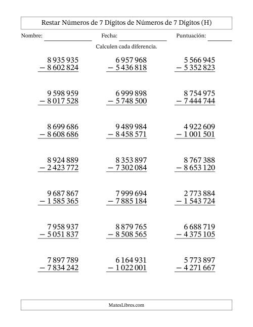 La hoja de ejercicios de Restar números de 7 dígitos de números de 7 dígitos, sin acarreo (21 preguntas) (Espacio como separador de millares) (H)