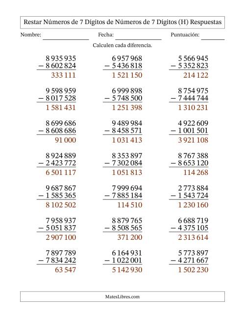 La hoja de ejercicios de Restar números de 7 dígitos de números de 7 dígitos, sin acarreo (21 preguntas) (Espacio como separador de millares) (H) Página 2